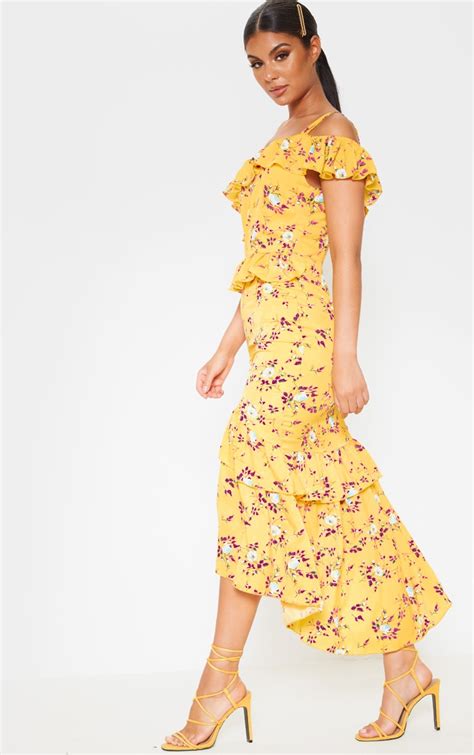 Yellow Floral Print One Shoulder Chiffon Midi Dress Prettylittlething Usa