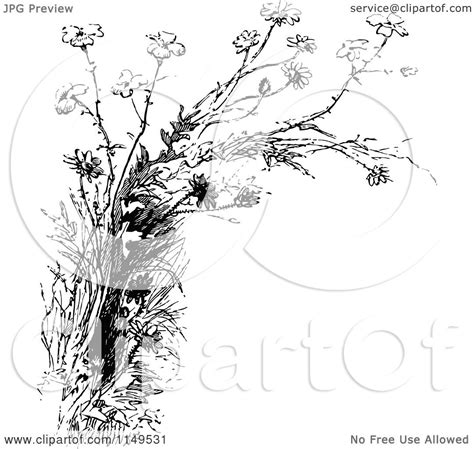 Clipart Of Retro Vintage Black And White Wildflowers