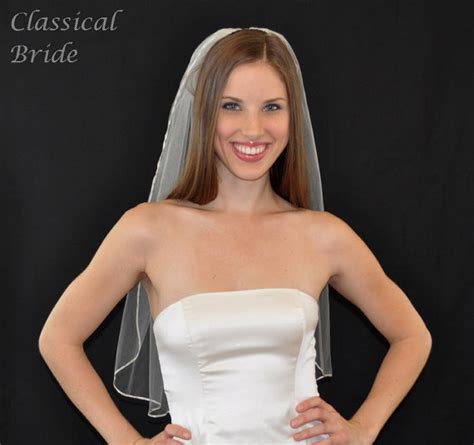 SATIN RIBBON EDGE 1 Tier 30 Inch Elbow Veil In White Or Ivory Tulle