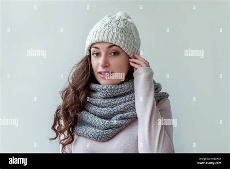 Beautiful Woman Winter Portrait True Emotions Laughing Girl With Long