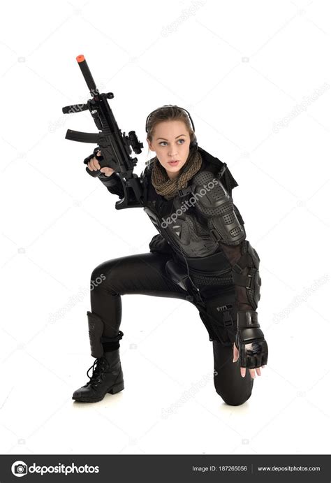 Full Length Portrait Female Soldier Wearing Black Tactical Armour