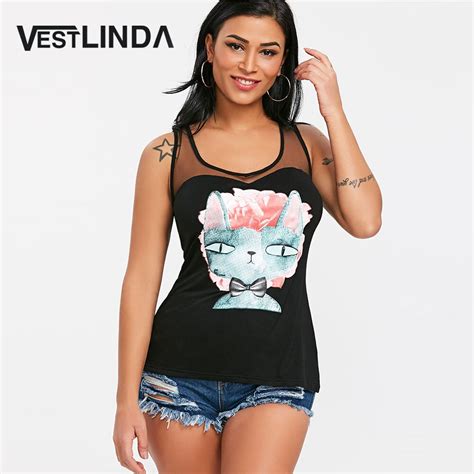 Vestlinda Sheer Mesh Floral Cat Print Chic Tank Top Women Summer Causal Patchwork Tops 2018