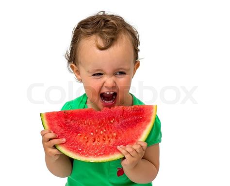 Baby Eating Watermelon Isolated On Stock Image Colourbox