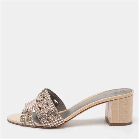 Gina Beige Croc Embossed Patent Leather Crystal Embellished Loren Slide Sandals Size 405 Gina
