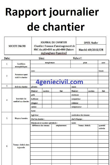 Télécharger exemple de modèle de rapport journalier de chantier