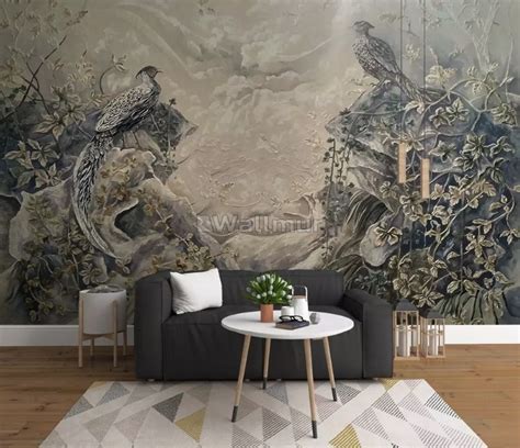 3d Embossed Look Brown Landscape And Birds Wallpaper Mural Wallpaper