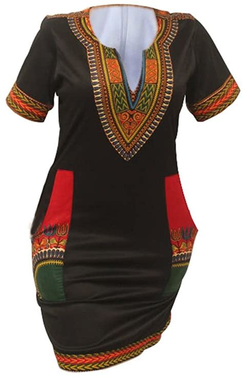 Shekiss Womens Dashiki African Bodycon Dresses Bohemian Blackred