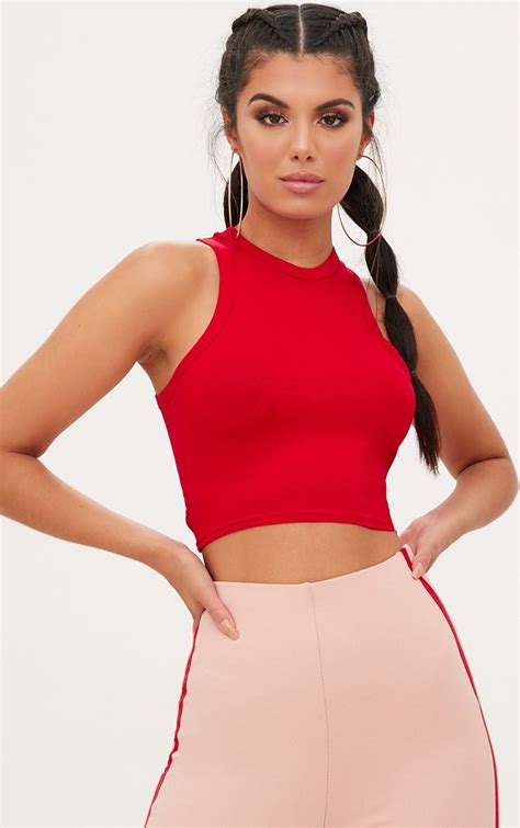 Basic Red Jersey Racerback Crop Top Tops Prettylittlething Red Crop