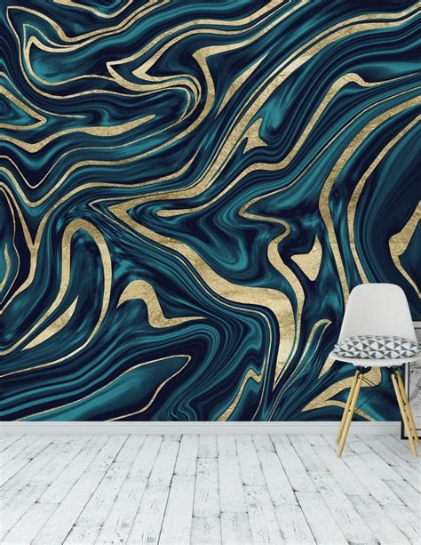 Teal Navy Blue Gold Marble 1 Wall Mural In 2020 Blue