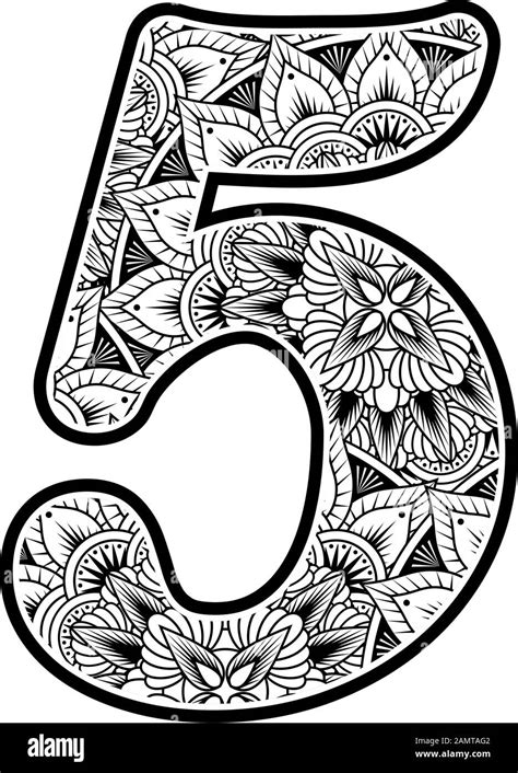 Number 5 With Abstract Flowers Ornaments In Black And White Design