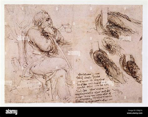 Leonardo Da Vincia Seated Old Man With Water Studies1513pen And Ink