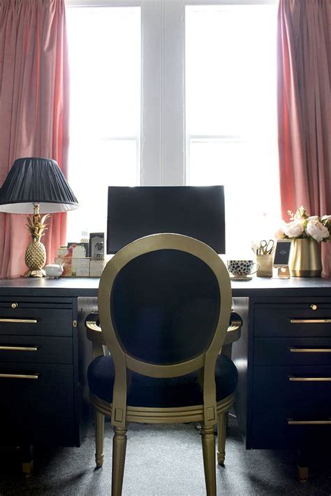 Black And Gold Home Office With Blush Pink Curtains Homeofficeideas
