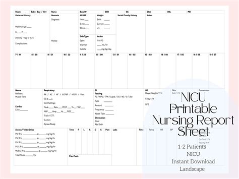 Nicu Nurse Report Sheet 1 2 Patients Printable Report Sheet Nicu Nurse