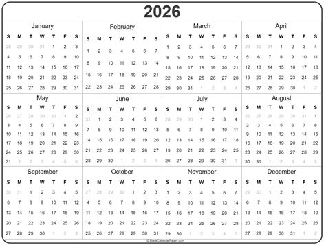 2026 Year Calendar Yearly Printable