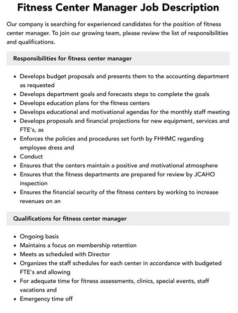 Fitness Center Manager Job Description Velvet Jobs
