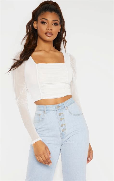 Tall White Mesh Ruched Long Sleeve Crop Top Prettylittlething Ie