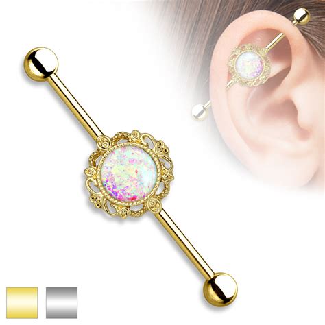 Premium Filigree Opal Industrial Barbell 14g Bodymods Jewelry