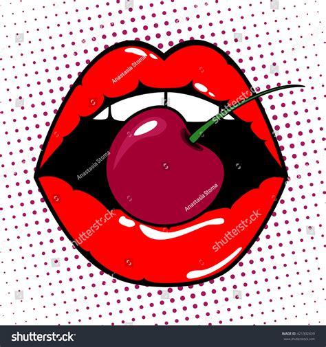 Woman Red Lips Cherry On Pop Stock Vector Royalty Free 421302439