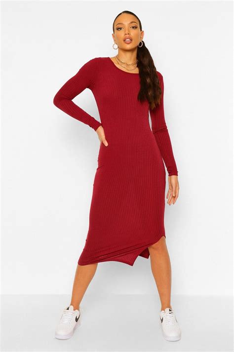 Tall Rib Scoop Neck Long Sleeve Bodycon Midi Dress Boohoo