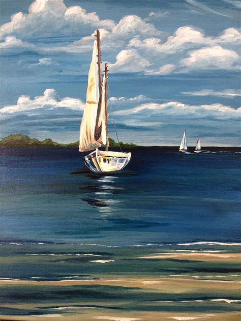 Sailboat Painting Original Acrylic Water Ocean Scenery Blue Sky