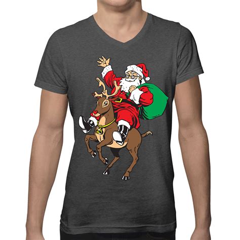 Santa Riding Reindeer Christmas Rudolph Sleigh T Men S V Neck T Shirt Ebay