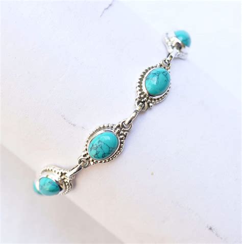 Turquoise Stone Adjustable Bracelet Sterling Silver Etsy
