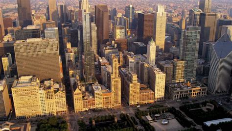 Aerial Sunrise Cityscape View Of Chicago River Trump Tower And Popular