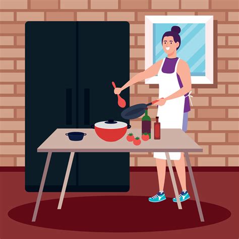Woman Cooking With Pan Vector Art At Vecteezy