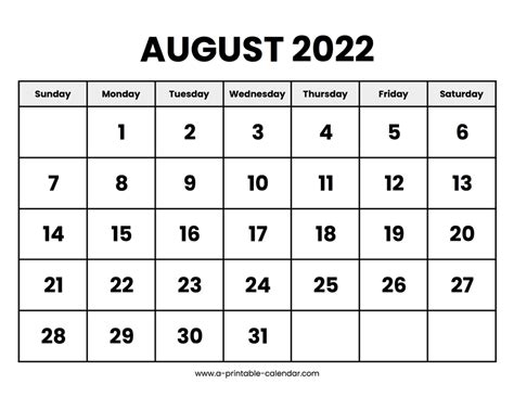 August 2022 Calendar Printable A Printable Calendar
