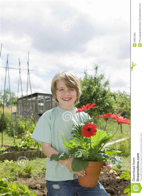 Boy Holding Flower Pot In Garden Stock Photo Image Of Fresh Happy
