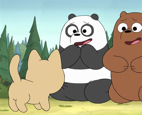 Three Cartoon Bears Sitting Next To Each Other In Front Of Some Trees
