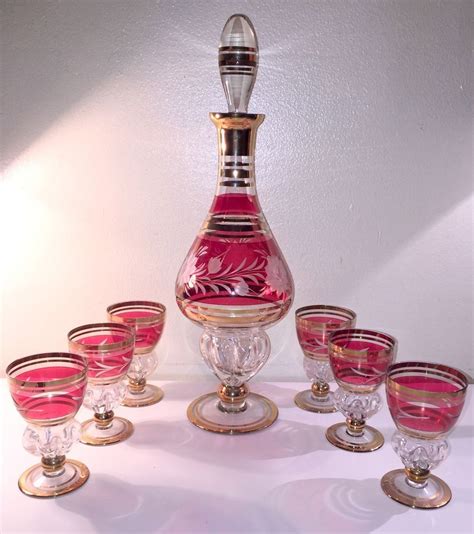 7pc Set Bohemian Moser Cabochon Hock Large Decanter And 6 Glasses Museum