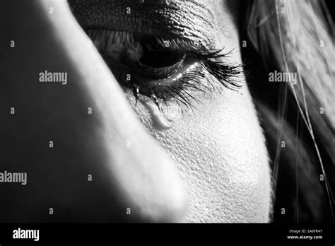 Sad Woman Crying Tear On Eye Closeup Portrait Monochrome Stock Photo