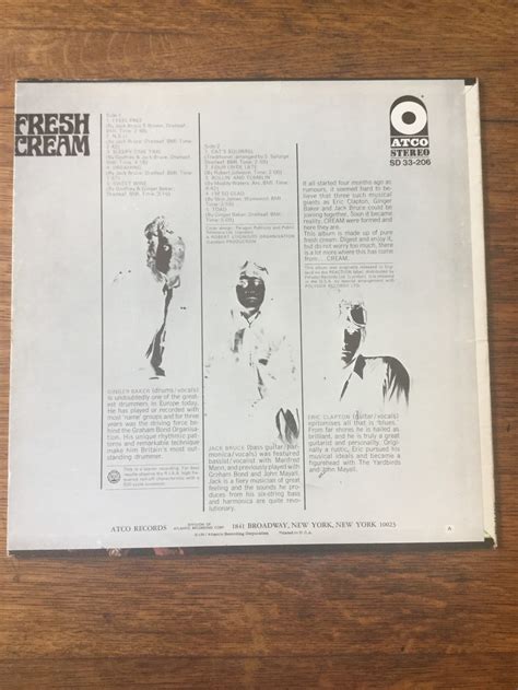 Fresh Cream Cream Stereo Vinyl Lp 1967 Atco Records Sd 33 206 Etsy