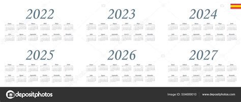 Spanish Calendar 2022 2023 2024 2025 2026 2027 White Background Stock