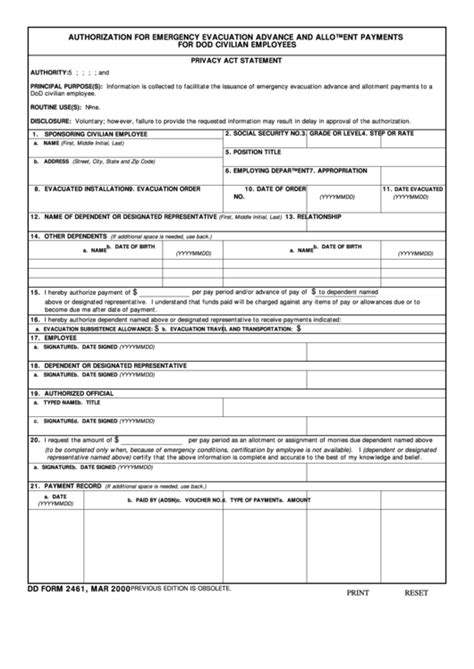 Fillable Dd Form 2461 Authorization For Emergency Evacuation Advance