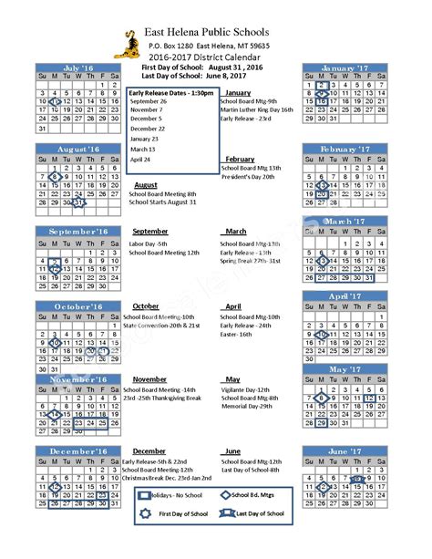 2016 2017 District Calendar East Helena Public Schools Montana