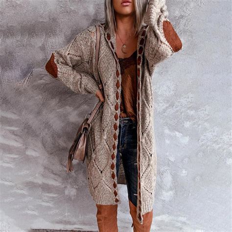 Hoodie Khaki Diamond Elbow Patch Long Cardigan Sweater Onryd New