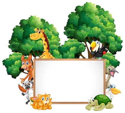 Premium Vector Wooden Frame With Many Animals In Forest