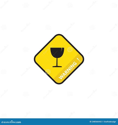 Yellow Warning Black Round Fragile Broken Glass Warning Sign Icon Stock