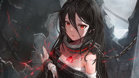 anime girl with black hair and red eyes and sword