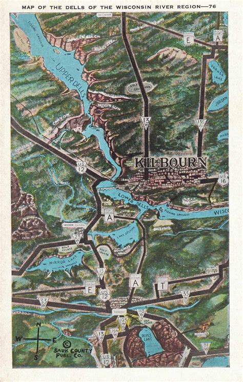 Vintage Postcard Map Of The Dells Of The Wisconsin River Region Rose
