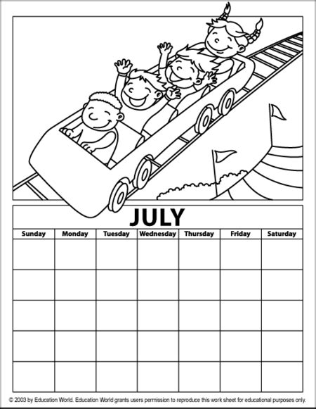 Printable July Coloring Calendar Kids Calendar Coloring Calendar