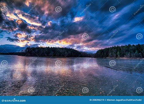 Dramatic Sunset At A Frozen Lake Stock Image Image Of Boat Ocean