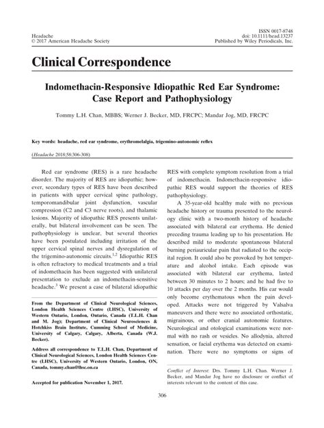 Pdf Indomethacin‐responsive Idiopathic Red Ear Syndrome Case Report