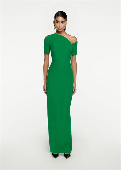 asymmetric silk wool maxi dress in green roland mouret