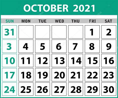2021 Octubre Calendario Plantilla De Diseño Aislada En Fondo Blanco La Semana Comienza El