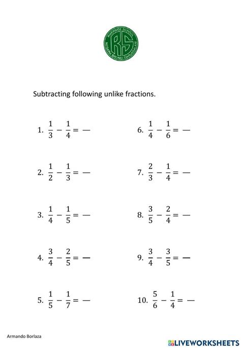 Subtracting Unlike Fractions Worksheet Live Worksheets