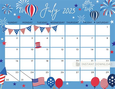 July 2023 Calendar Independence Day Patriotic 4th Of July Us Etsy Israel