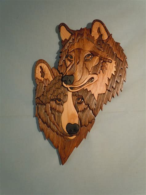 Wolf Heads Double Scroll Cut Intarsia Etsy